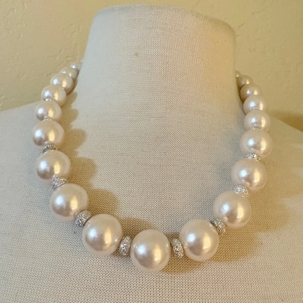 Cream Graduated Faux Pearl Statement Necklace with Crystal Spacers Silver Tone